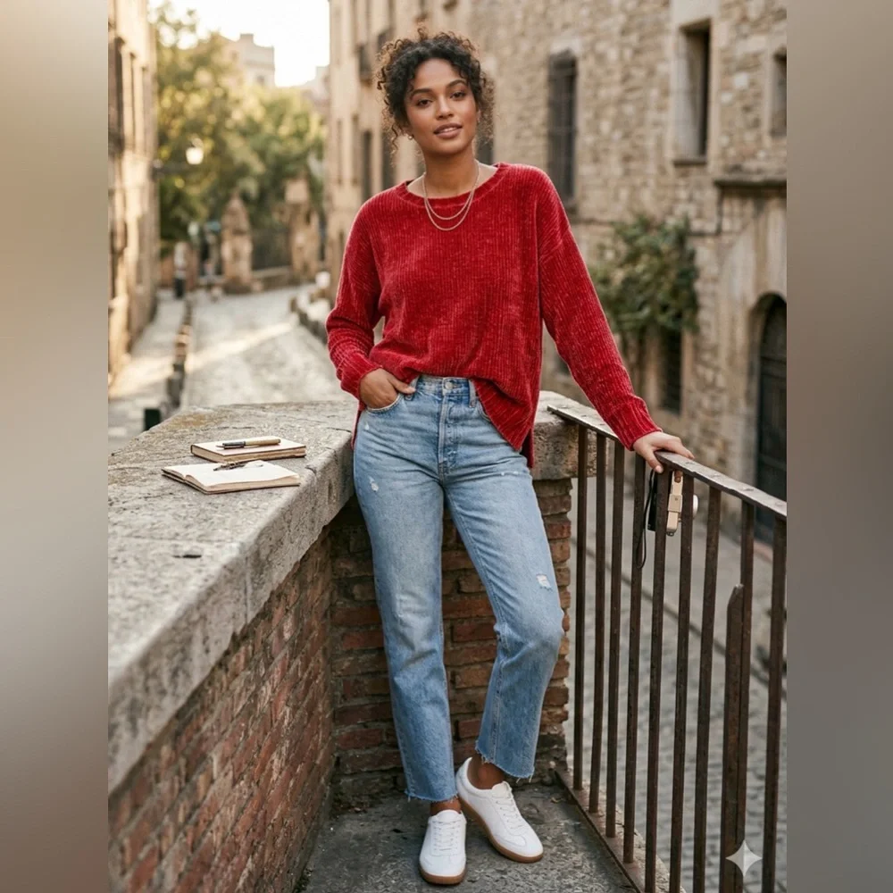 🤎Macy's Red Sweater and Light Blue Jeans - Picture 3 of 5
